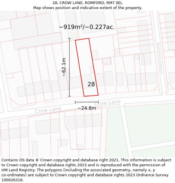 28, CROW LANE, ROMFORD, RM7 0EL: Plot and title map