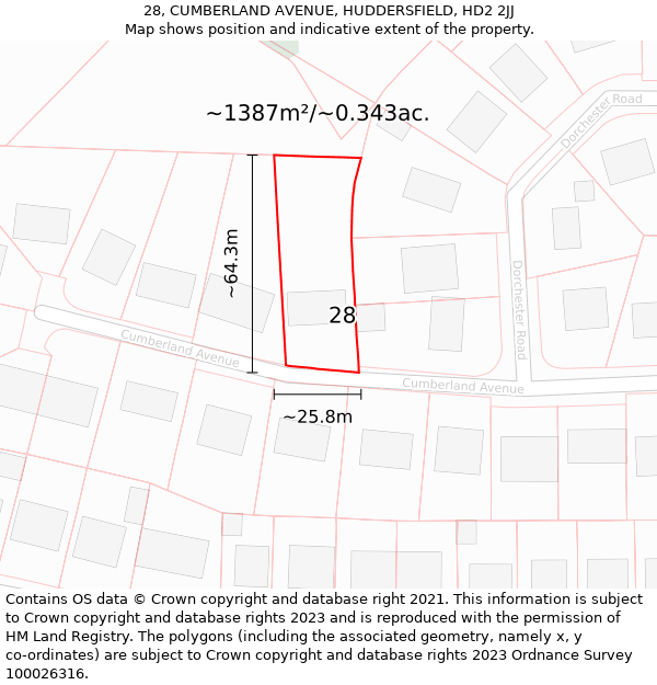 28, CUMBERLAND AVENUE, HUDDERSFIELD, HD2 2JJ: Plot and title map