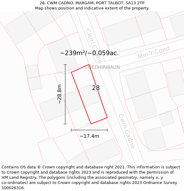 28, CWM CADNO, MARGAM, PORT TALBOT, SA13 2TP: Plot and title map