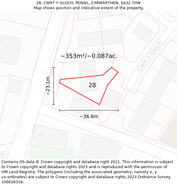 28, CWRT Y GLOCH, PENIEL, CARMARTHEN, SA32 7HW: Plot and title map