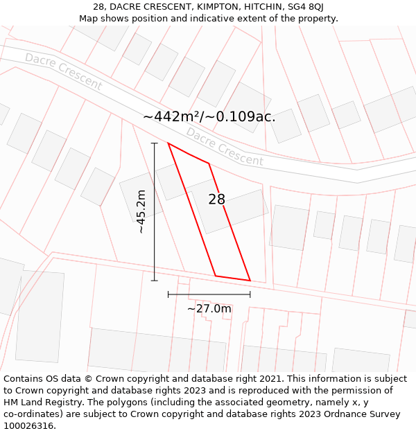 28, DACRE CRESCENT, KIMPTON, HITCHIN, SG4 8QJ: Plot and title map