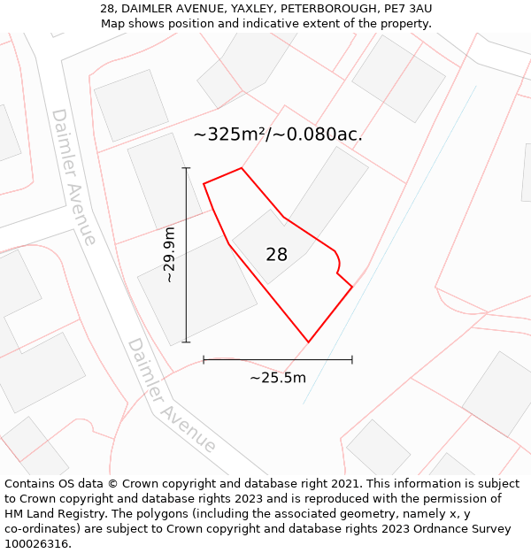 28, DAIMLER AVENUE, YAXLEY, PETERBOROUGH, PE7 3AU: Plot and title map