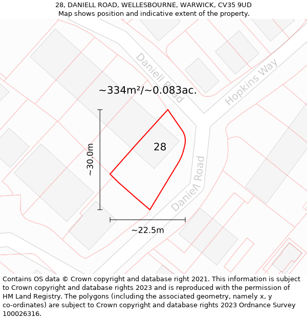 28, DANIELL ROAD, WELLESBOURNE, WARWICK, CV35 9UD: Plot and title map