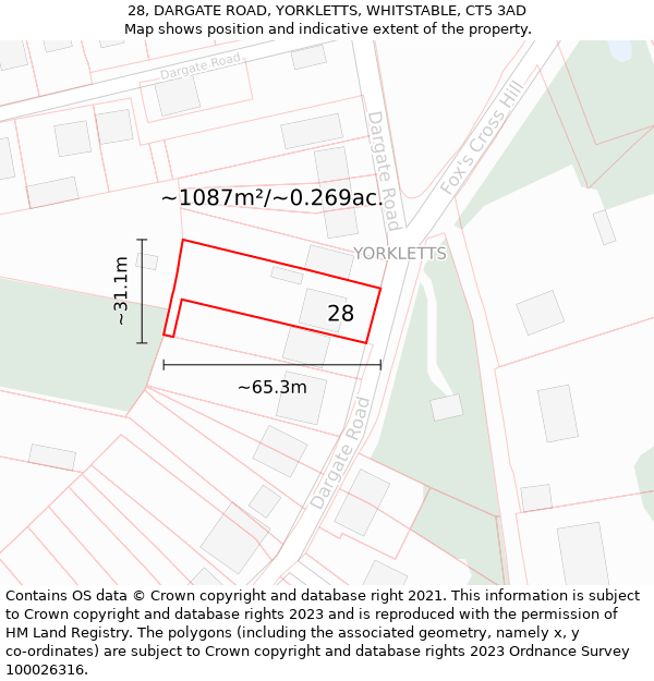 28, DARGATE ROAD, YORKLETTS, WHITSTABLE, CT5 3AD: Plot and title map