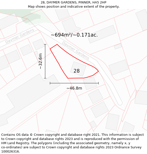 28, DAYMER GARDENS, PINNER, HA5 2HP: Plot and title map