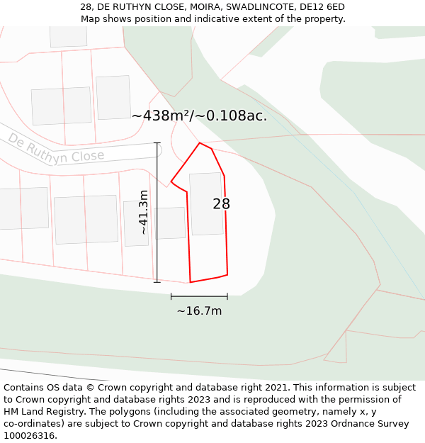 28, DE RUTHYN CLOSE, MOIRA, SWADLINCOTE, DE12 6ED: Plot and title map