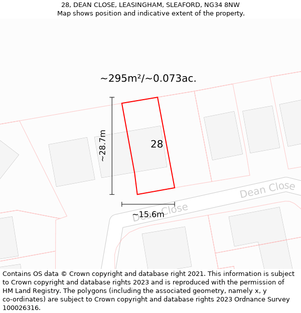 28, DEAN CLOSE, LEASINGHAM, SLEAFORD, NG34 8NW: Plot and title map