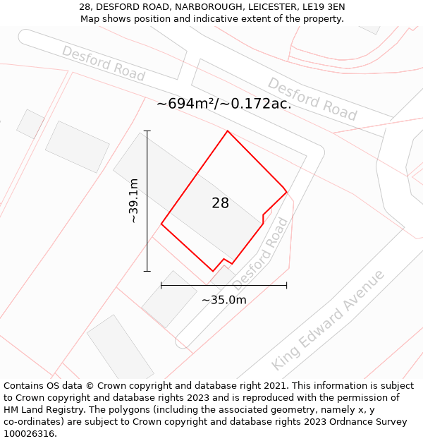 28, DESFORD ROAD, NARBOROUGH, LEICESTER, LE19 3EN: Plot and title map