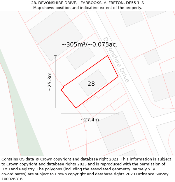 28, DEVONSHIRE DRIVE, LEABROOKS, ALFRETON, DE55 1LS: Plot and title map