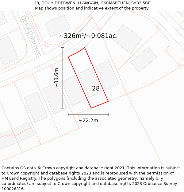 28, DOL Y DDERWEN, LLANGAIN, CARMARTHEN, SA33 5BE: Plot and title map