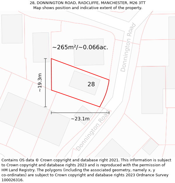 28, DONNINGTON ROAD, RADCLIFFE, MANCHESTER, M26 3TT: Plot and title map