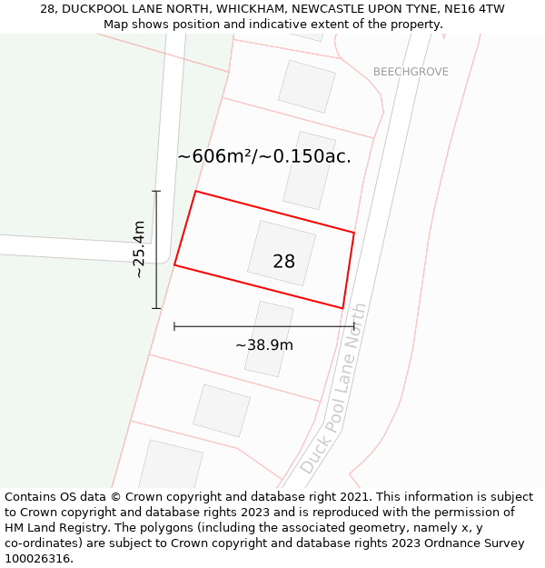 28, DUCKPOOL LANE NORTH, WHICKHAM, NEWCASTLE UPON TYNE, NE16 4TW: Plot and title map