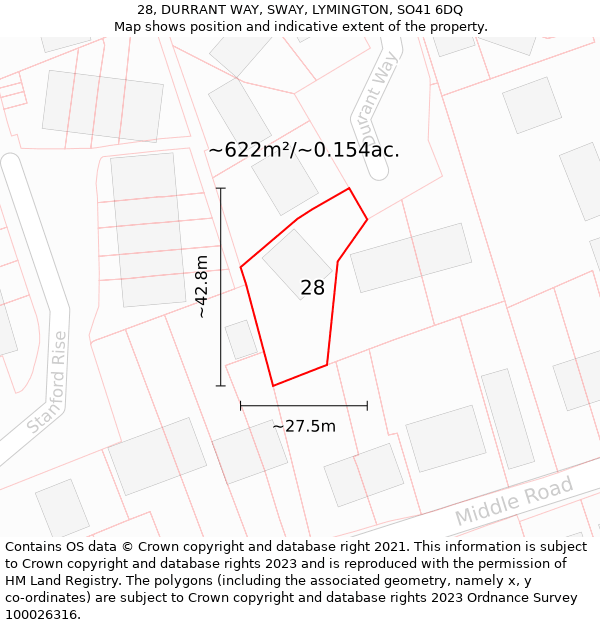 28, DURRANT WAY, SWAY, LYMINGTON, SO41 6DQ: Plot and title map