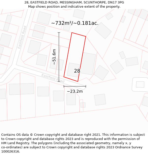 28, EASTFIELD ROAD, MESSINGHAM, SCUNTHORPE, DN17 3PG: Plot and title map