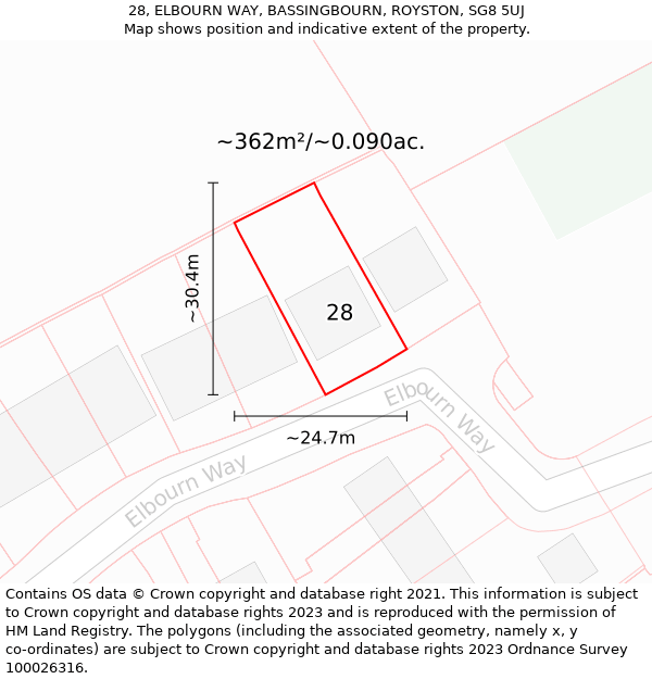 28, ELBOURN WAY, BASSINGBOURN, ROYSTON, SG8 5UJ: Plot and title map