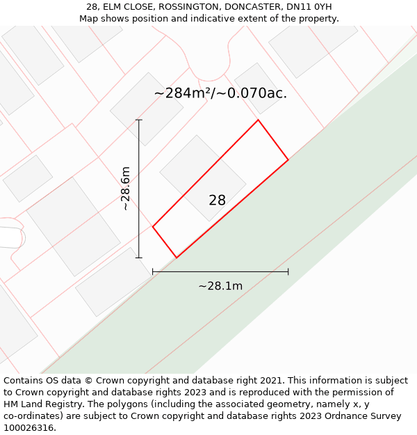 28, ELM CLOSE, ROSSINGTON, DONCASTER, DN11 0YH: Plot and title map