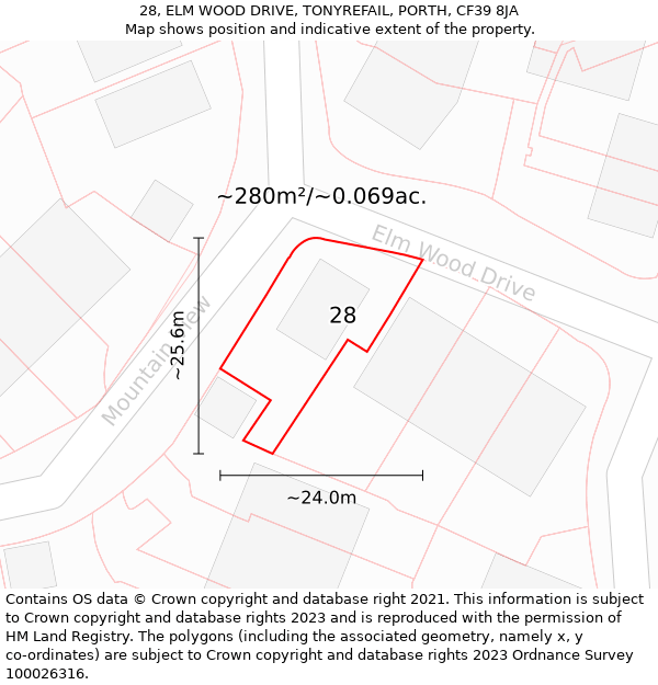 28, ELM WOOD DRIVE, TONYREFAIL, PORTH, CF39 8JA: Plot and title map