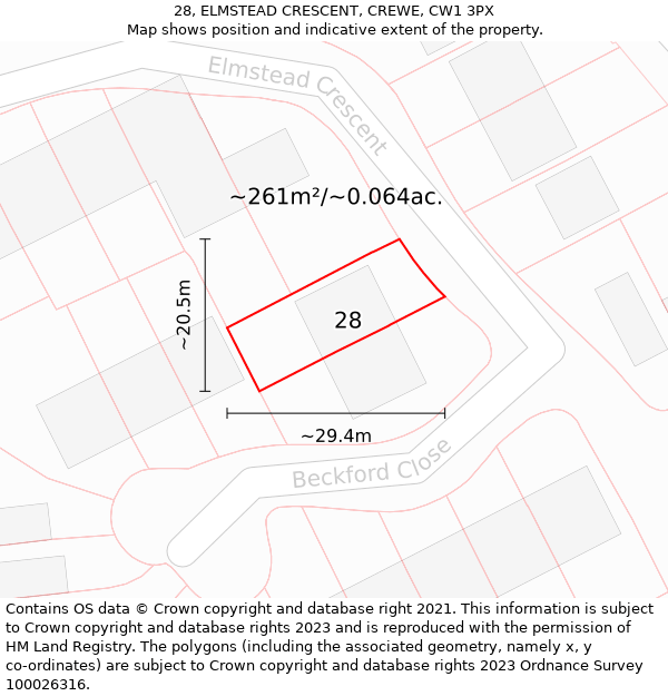 28, ELMSTEAD CRESCENT, CREWE, CW1 3PX: Plot and title map