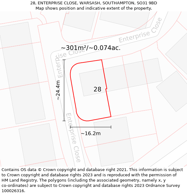 28, ENTERPRISE CLOSE, WARSASH, SOUTHAMPTON, SO31 9BD: Plot and title map