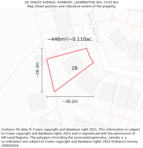 28, FARLEY AVENUE, HARBURY, LEAMINGTON SPA, CV33 9LX: Plot and title map