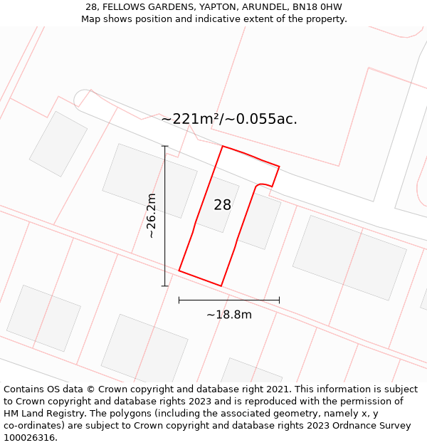 28, FELLOWS GARDENS, YAPTON, ARUNDEL, BN18 0HW: Plot and title map