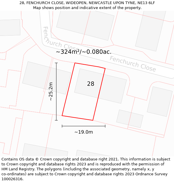 28, FENCHURCH CLOSE, WIDEOPEN, NEWCASTLE UPON TYNE, NE13 6LF: Plot and title map