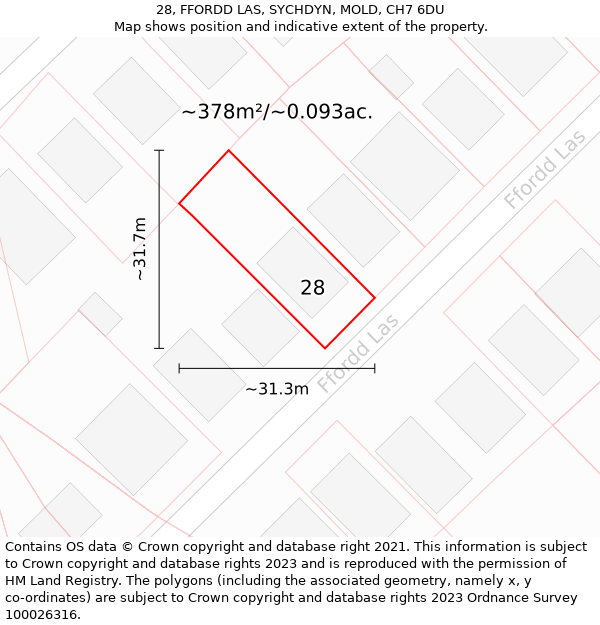 28, FFORDD LAS, SYCHDYN, MOLD, CH7 6DU: Plot and title map