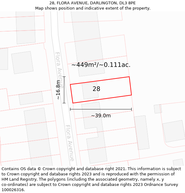 28, FLORA AVENUE, DARLINGTON, DL3 8PE: Plot and title map