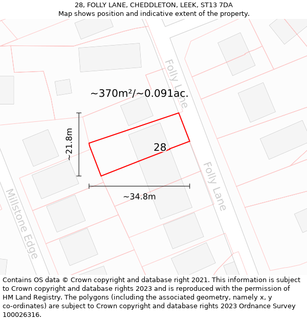 28, FOLLY LANE, CHEDDLETON, LEEK, ST13 7DA: Plot and title map