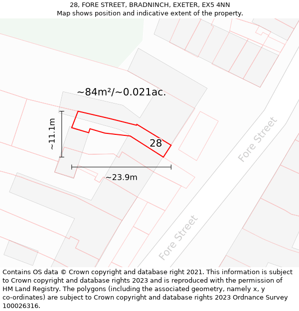 28, FORE STREET, BRADNINCH, EXETER, EX5 4NN: Plot and title map