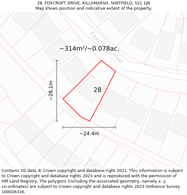 28, FOXCROFT DRIVE, KILLAMARSH, SHEFFIELD, S21 1JN: Plot and title map