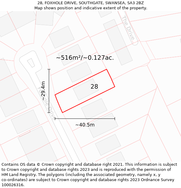 28, FOXHOLE DRIVE, SOUTHGATE, SWANSEA, SA3 2BZ: Plot and title map