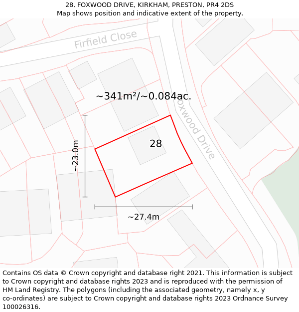 28, FOXWOOD DRIVE, KIRKHAM, PRESTON, PR4 2DS: Plot and title map