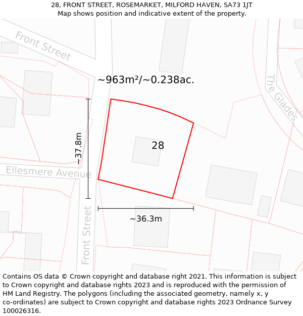 28, FRONT STREET, ROSEMARKET, MILFORD HAVEN, SA73 1JT: Plot and title map