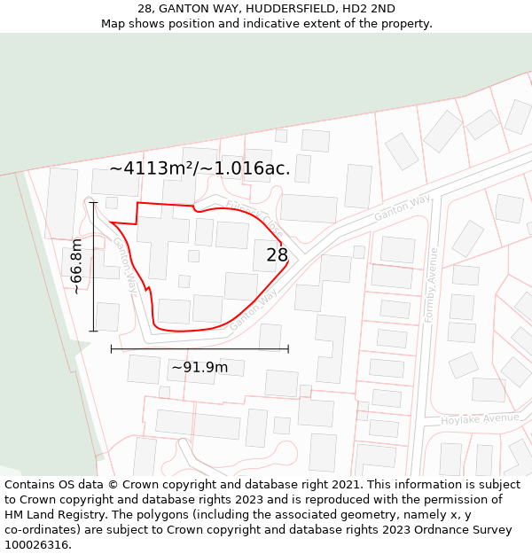 28, GANTON WAY, HUDDERSFIELD, HD2 2ND: Plot and title map