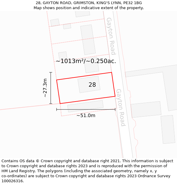 28, GAYTON ROAD, GRIMSTON, KING'S LYNN, PE32 1BG: Plot and title map