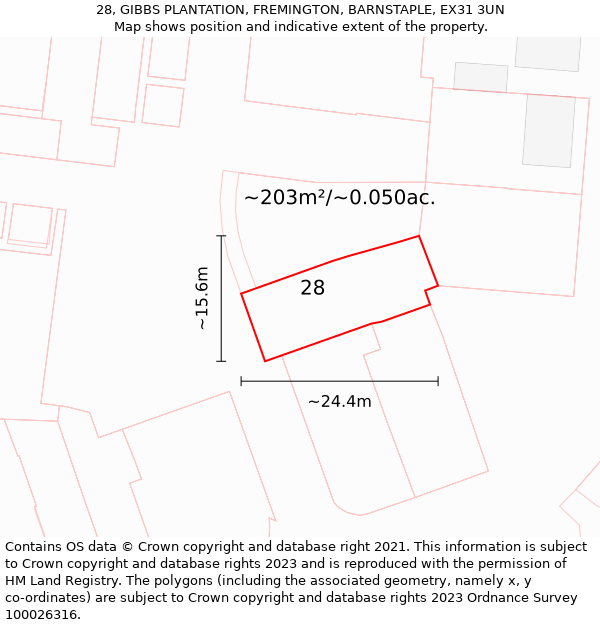 28, GIBBS PLANTATION, FREMINGTON, BARNSTAPLE, EX31 3UN: Plot and title map