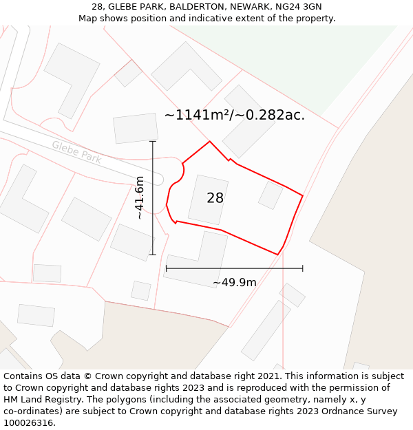 28, GLEBE PARK, BALDERTON, NEWARK, NG24 3GN: Plot and title map