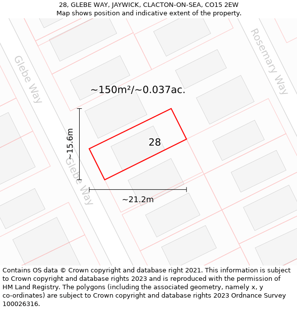 28, GLEBE WAY, JAYWICK, CLACTON-ON-SEA, CO15 2EW: Plot and title map
