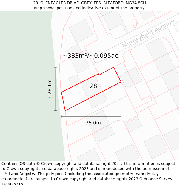 28, GLENEAGLES DRIVE, GREYLEES, SLEAFORD, NG34 8GH: Plot and title map