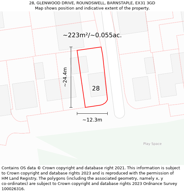 28, GLENWOOD DRIVE, ROUNDSWELL, BARNSTAPLE, EX31 3GD: Plot and title map