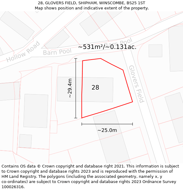 28, GLOVERS FIELD, SHIPHAM, WINSCOMBE, BS25 1ST: Plot and title map