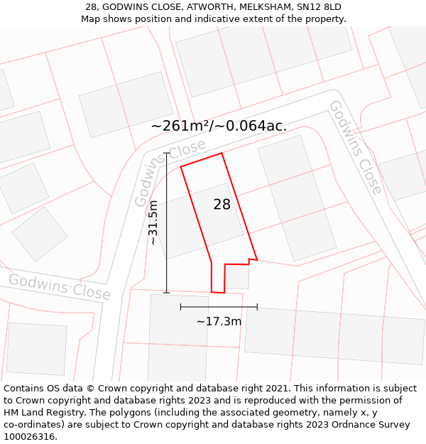 28, GODWINS CLOSE, ATWORTH, MELKSHAM, SN12 8LD: Plot and title map