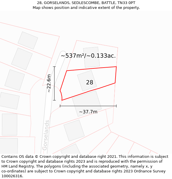 28, GORSELANDS, SEDLESCOMBE, BATTLE, TN33 0PT: Plot and title map