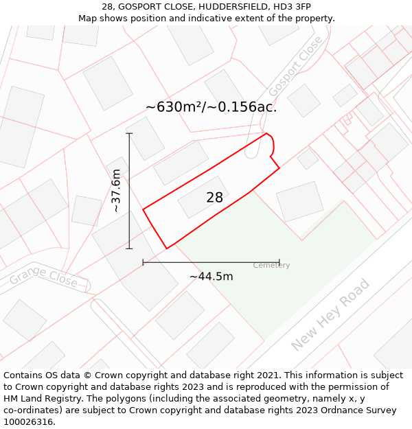 28, GOSPORT CLOSE, HUDDERSFIELD, HD3 3FP: Plot and title map