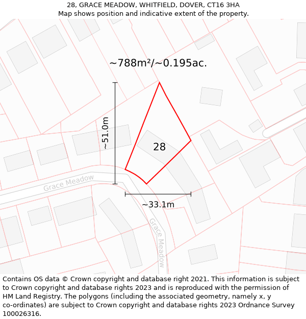 28, GRACE MEADOW, WHITFIELD, DOVER, CT16 3HA: Plot and title map