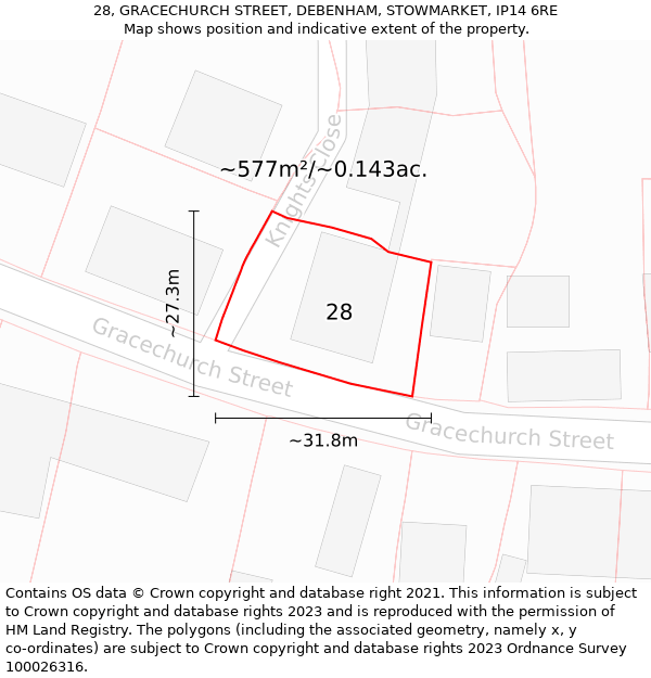 28, GRACECHURCH STREET, DEBENHAM, STOWMARKET, IP14 6RE: Plot and title map