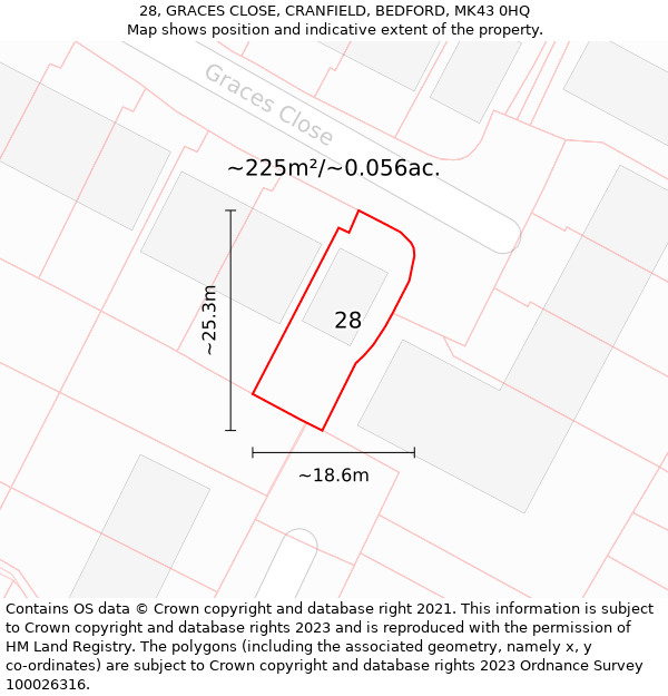 28, GRACES CLOSE, CRANFIELD, BEDFORD, MK43 0HQ: Plot and title map