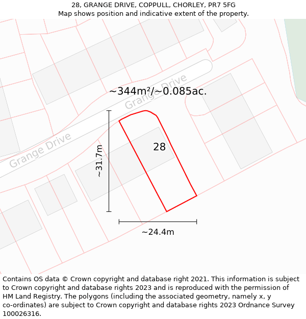 28, GRANGE DRIVE, COPPULL, CHORLEY, PR7 5FG: Plot and title map