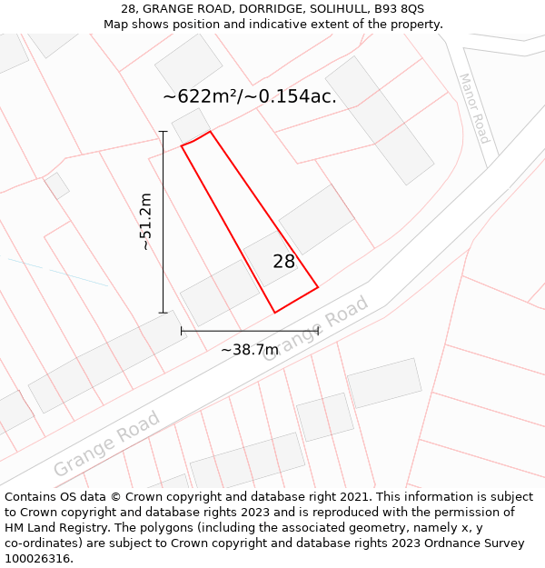 28, GRANGE ROAD, DORRIDGE, SOLIHULL, B93 8QS: Plot and title map